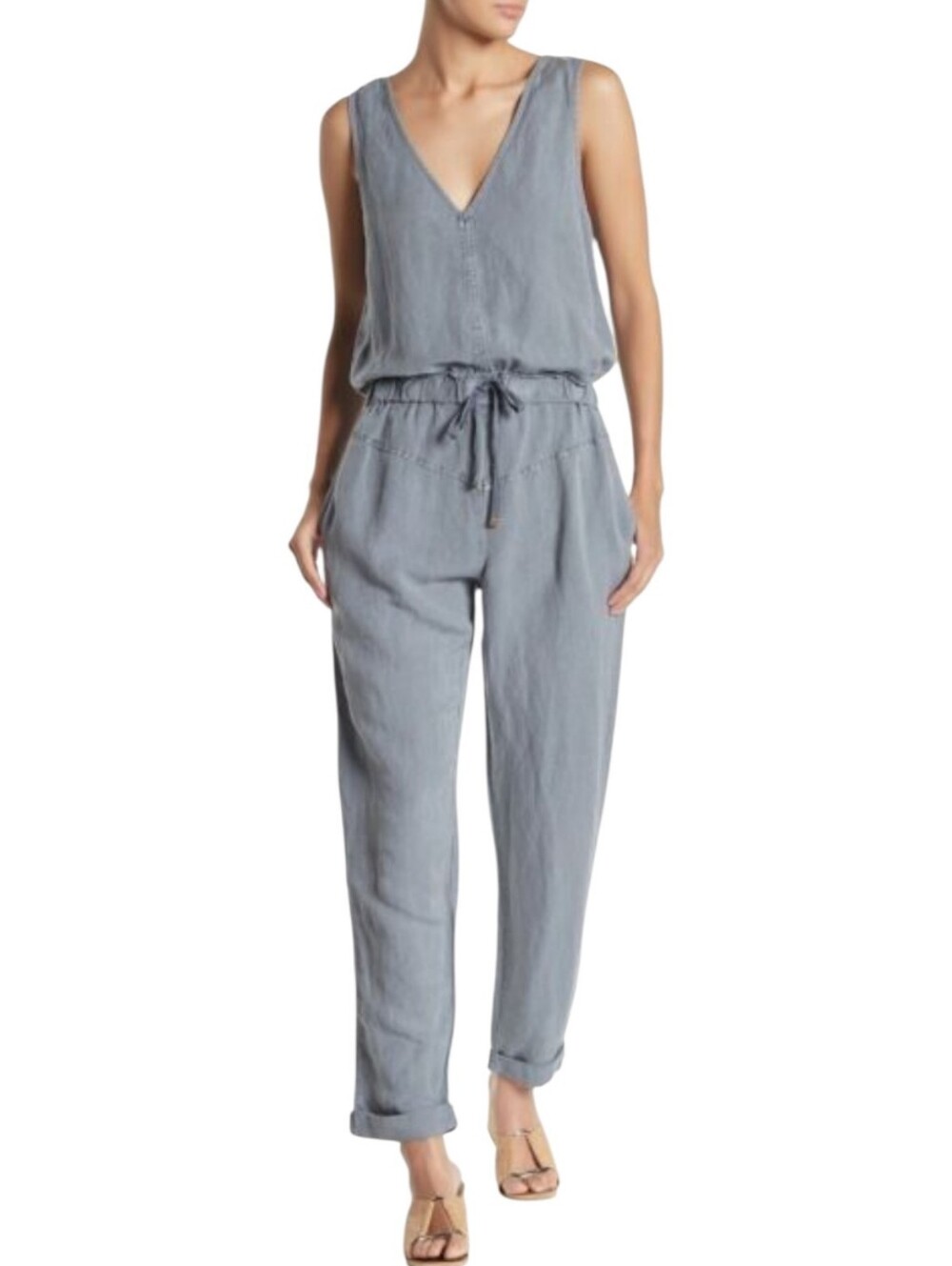 Young Fabulous & Broke Alex Jumpsuit M Blue Gray Linen Blend Drawstring V-Neck